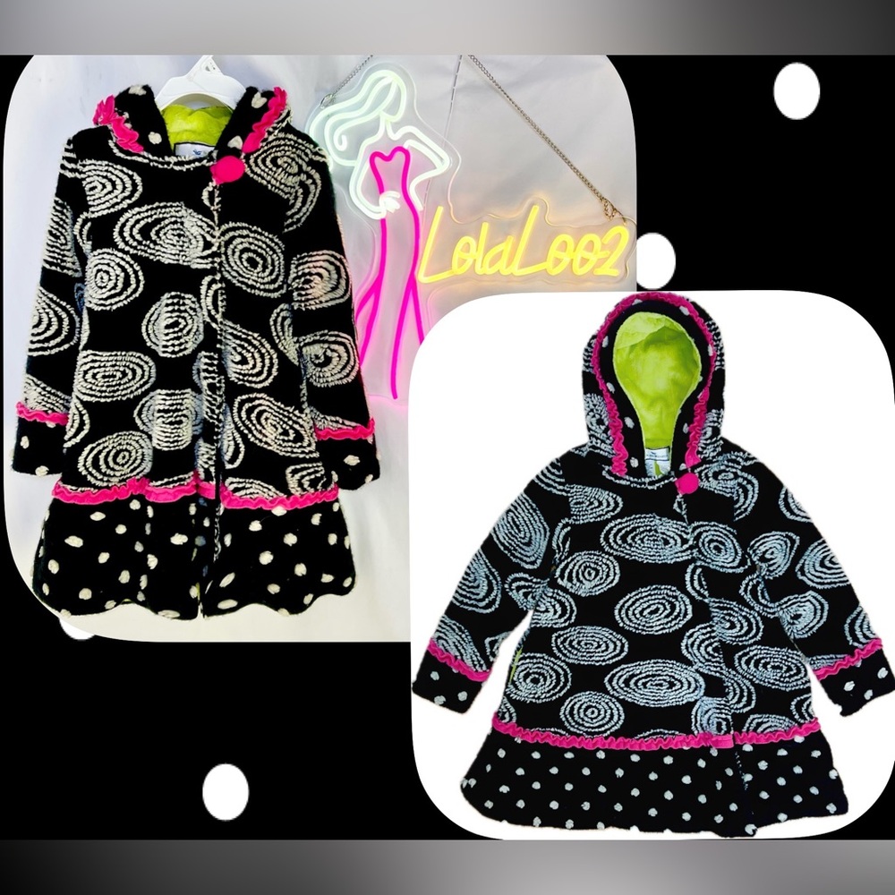 American Widgeon Girls Textured Swirl & Polka Dot Black and White Faux Fur Coat